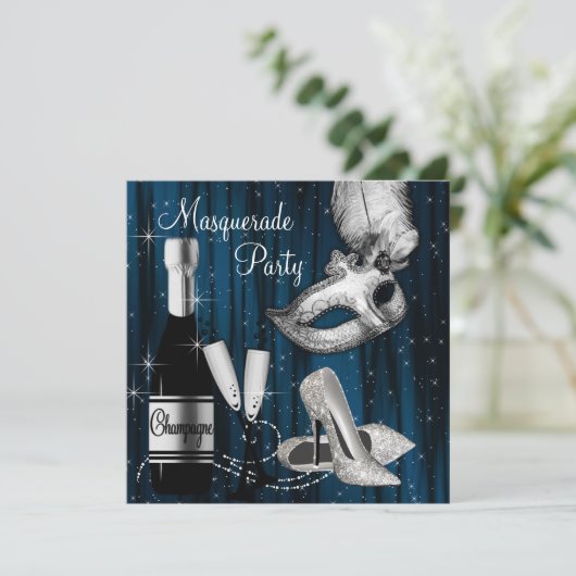 Elegant Midnight Blue Masquerade Party Kaart (Staand voorkant)
