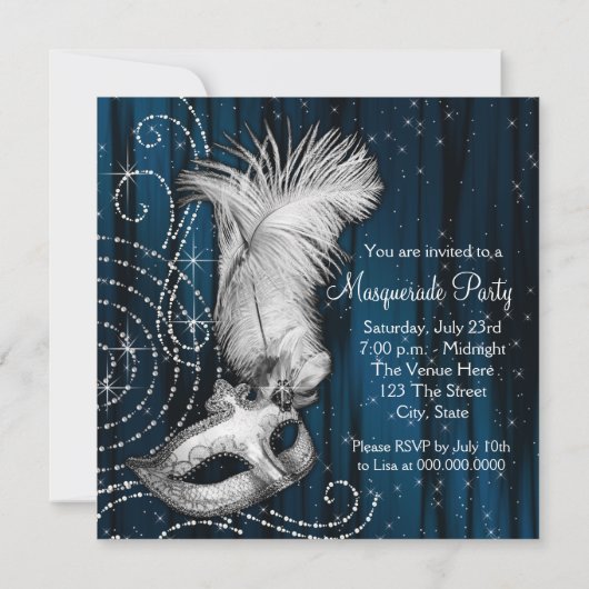 Elegant Midnight Blue Masquerade Party Kaart (Achterkant)