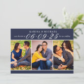 Elegant Midnight Blue Wedding Photo Collage Save The Date (Staand voorkant)
