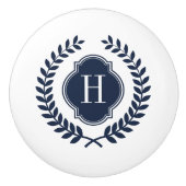Elegant Midnight Blue Wreath Crest Monogram Keramische Knop (Voorkant)