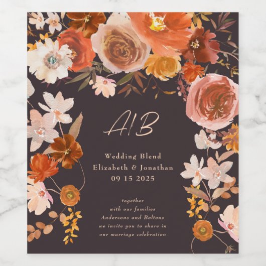 Elegant Midnight Rich Terracotta Floral Wedding Wijn Etiket (Enkel label)