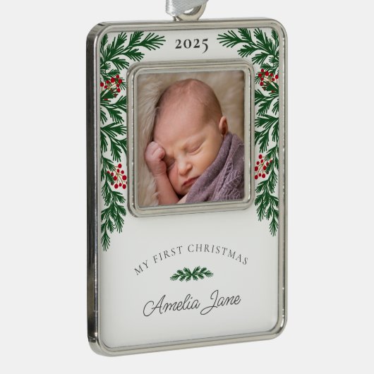 Elegant Mijn eerste kerstfoto Verzilverd Omlijst Ornament (Rechts)