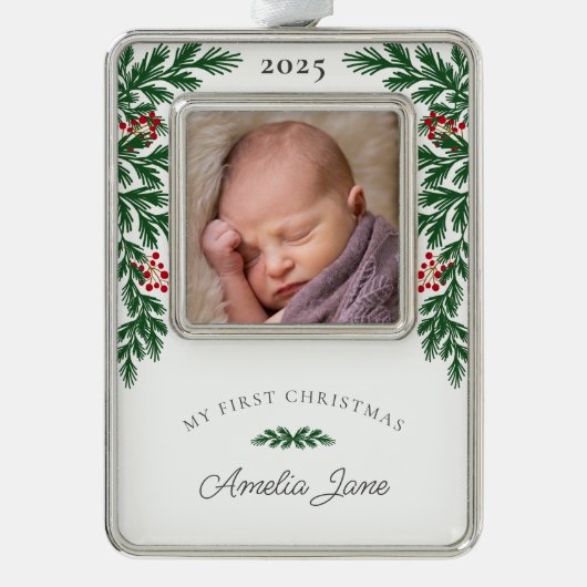 Elegant Mijn eerste kerstfoto Verzilverd Omlijst Ornament (Voorkant)