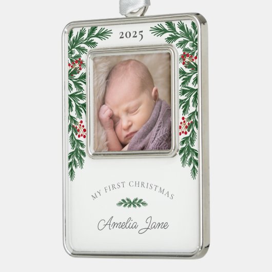 Elegant Mijn eerste kerstfoto Verzilverd Omlijst Ornament (Links)