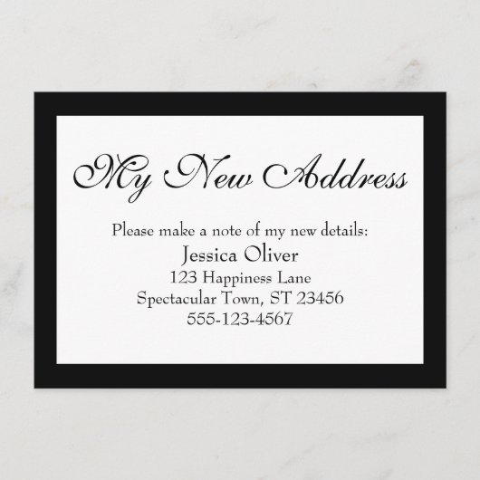 Elegant mijn nieuwe adres grenst aan zwart op wit informatiekaartje (Voorkant)