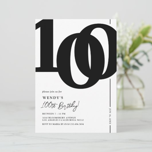 Elegant Milestone 100th Birthday Party Invitation Kaart (Staand voorkant)