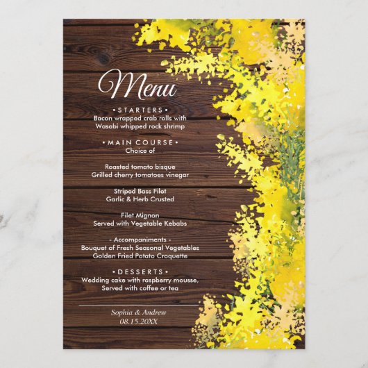 Elegant Mimosa Flowers Wedding Menu (Voorkant)