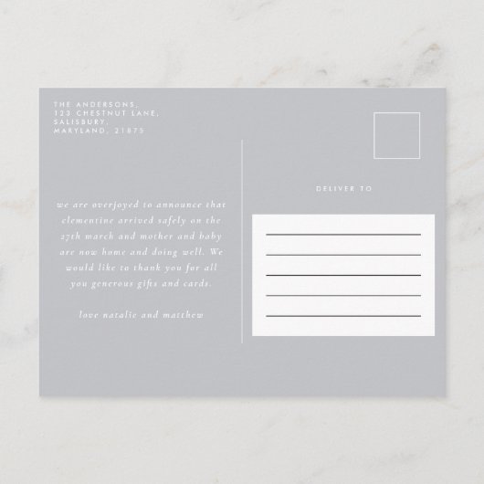 Elegant miniem grijs geboorteplaatje aankondigingskaart (Achterkant)