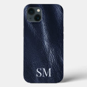 Elegant minimaal blauw lederen monogram Initiaal Case-Mate iPhone Case (Achterkant)