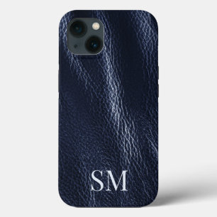 Elegant minimaal blauw lederen monogram Initiaal Case-Mate iPhone Case
