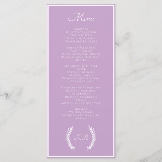 Elegant minimaal bloemig monogram Paarse lavendel Menu (Voorkant)