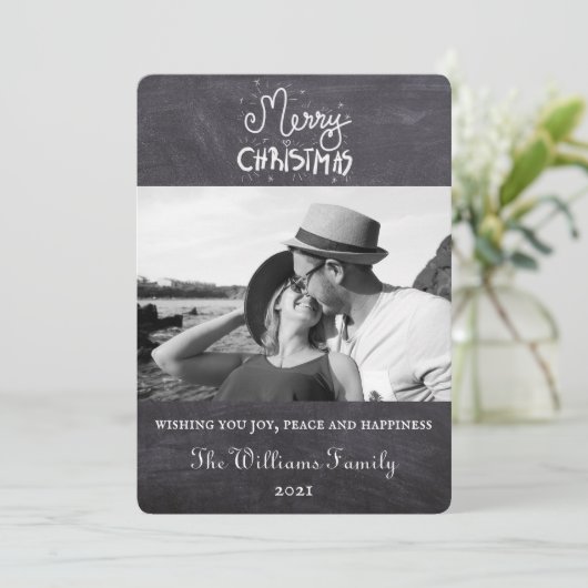 Elegant minimaal Chalkboard kerstscript foto Feestdagenkaart (Staand voorkant)