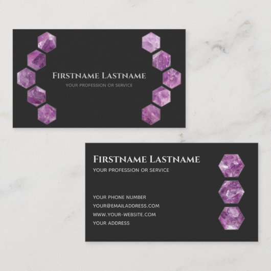 Elegant minimaal donkergrijs violet amethysthexago visitekaartje (Voorkant / Achterkant)