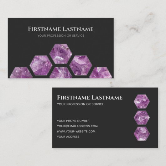 Elegant minimaal donkergrijs violet amethysthexago visitekaartje (Voorkant / Achterkant)