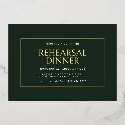 Elegant Minimaal Donkergroen Gouden Lijst Repetiti Folie Uitnodiging (Voorkant)