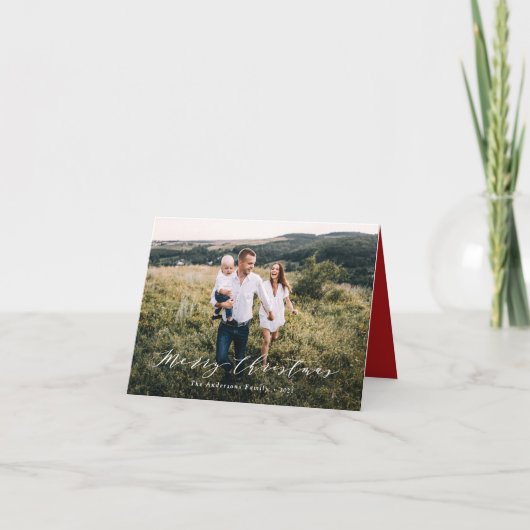 Elegant minimaal foto-kerstscript feestelijk rood feestdagen kaart (Voorkant)