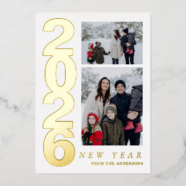 Elegant Minimaal Gelukkig Nieuwjaar Familie 2 Foto Folie Feestdagenkaart
