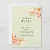 Elegant, minimaal groen, peach, blush crème bruilo kaart (Voorkant)