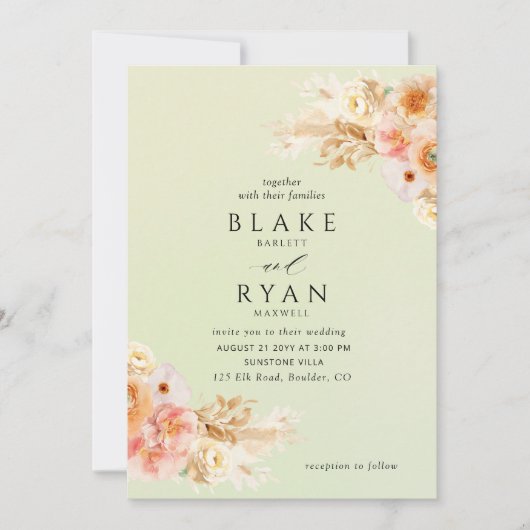 Elegant, minimaal groen, peach, blush crème bruilo kaart (Voorkant)