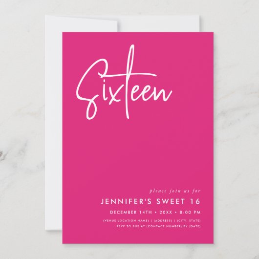 Elegant Minimaal Heet Roze Foto Zoet 16 Kaart (Voorkant)