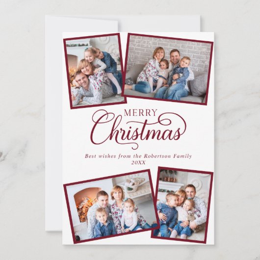 Elegant minimaal kerstscript 4 foto Bourgondië Feestdagenkaart (Voorkant)
