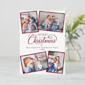 Elegant minimaal kerstscript 4 foto Bourgondië Feestdagenkaart (Staand voorkant)