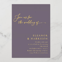 Elegant minimaal modern Paars script bruiloft Gold Folie Uitnodiging