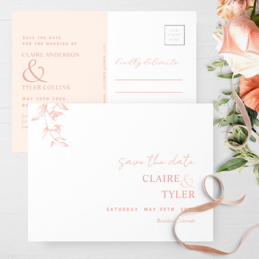 Elegant minimaal, perzik bruiloft opslaan van de d briefkaart