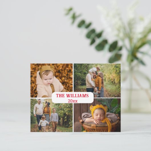 Elegant minimaal rood script 4 foto's vakantie briefkaart (Staand voorkant)