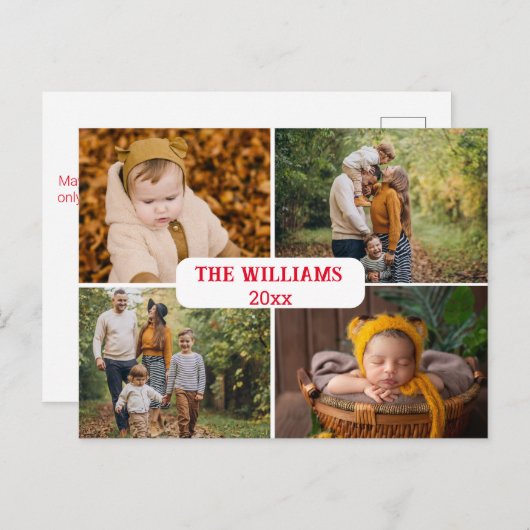 Elegant minimaal rood script 4 foto's vakantie briefkaart (Voorkant / Achterkant)