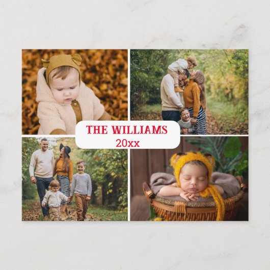 Elegant minimaal rood script 4 foto's vakantie briefkaart (Voorkant)