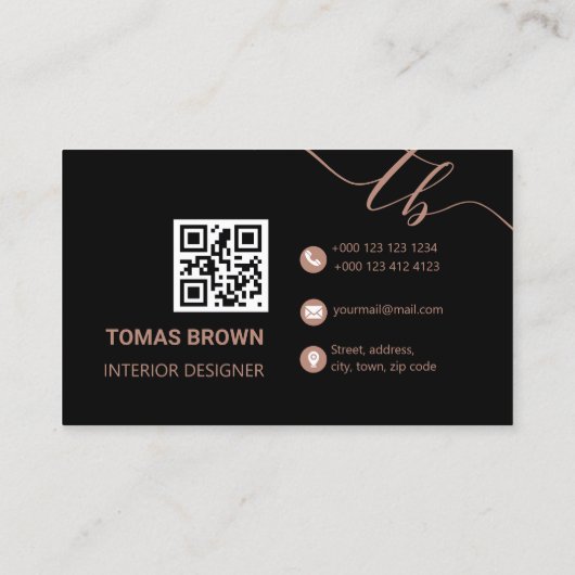 Elegant minimaal roos goudzwart monogram initiaal visitekaartje (Achterkant)