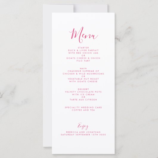 Elegant Minimaal Roze Bruiloft Menu Kaart (Voorkant)