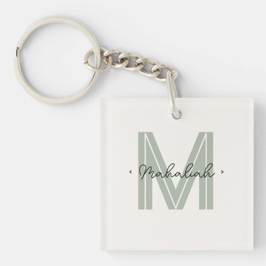 Elegant Minimaal Sage Groen Script Monogram Sleutelhanger (Voorkant)