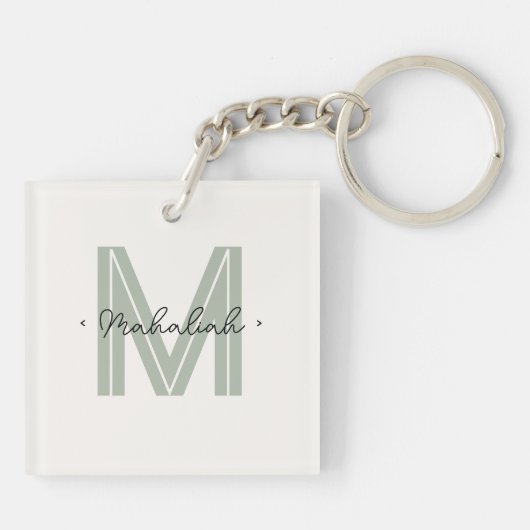 Elegant Minimaal Sage Groen Script Monogram Sleutelhanger (Achterkant)