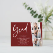 Elegant minimaal script 3 Photo Afstuderen Maroon Uitnodiging Briefkaart (Staand voorkant)