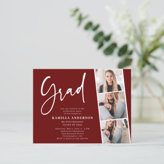 Elegant minimaal script 3 Photo Afstuderen Maroon Uitnodiging Briefkaart (Staand voorkant)