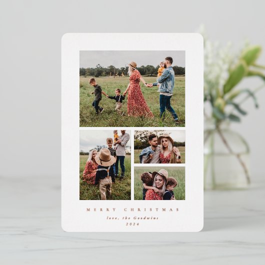 Elegant minimaal wit Lijst 4 Foto Folie Feestdagenkaart (Staand Voorkant)
