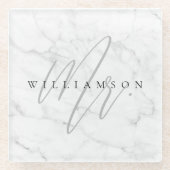 Elegant minimaal wit marmer Mr. Script Custom Glazen Onderzetter (Voorkant)