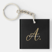 Elegant Minimaal Zwart Goud Script Monogram Sleutelhanger (Voorkant)
