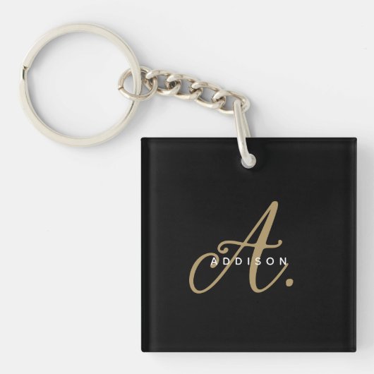 Elegant Minimaal Zwart Goud Script Monogram Sleutelhanger (Voorkant)