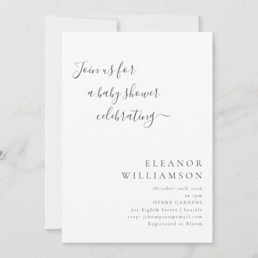 Elegant minimaal zwart witscript Baby shower Kaart (Voorkant)