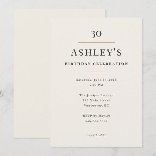 Elegant Minimal 30th Birthday Celebration Kaart (Voorkant / Achterkant)