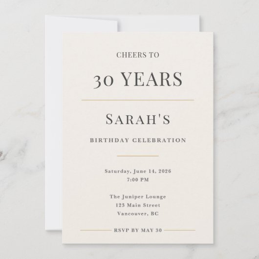 Elegant Minimal 30th Birthday Celebration Kaart (Voorkant)