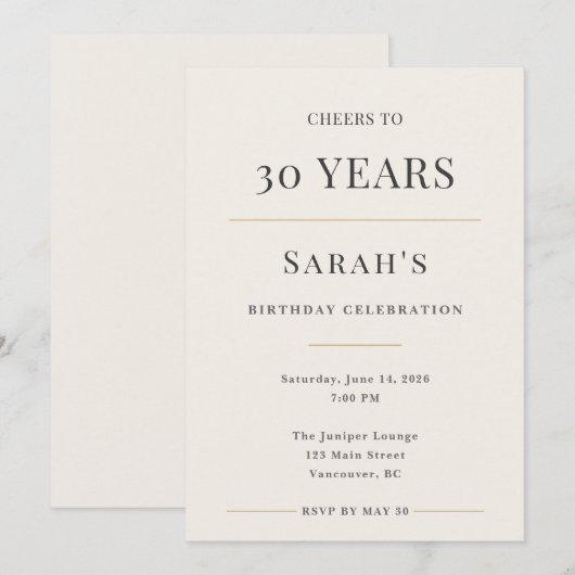Elegant Minimal 30th Birthday Celebration Kaart (Voorkant / Achterkant)