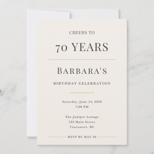 Elegant Minimal 70th Birthday Celebration Kaart (Voorkant)