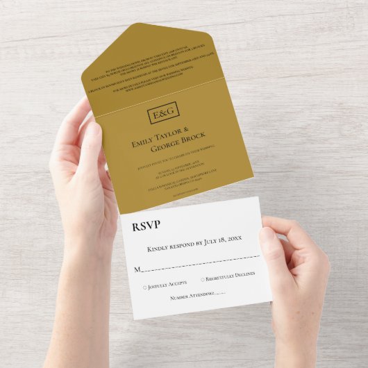 Elegant Minimal Beige Monogram Chic Modern Wedding All In One Uitnodiging (Afscheurbaar)