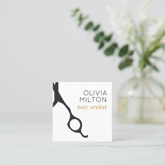 Elegant Minimal Black Scissors Haarstylist Vierkante Visitekaartje (Staand voorkant)
