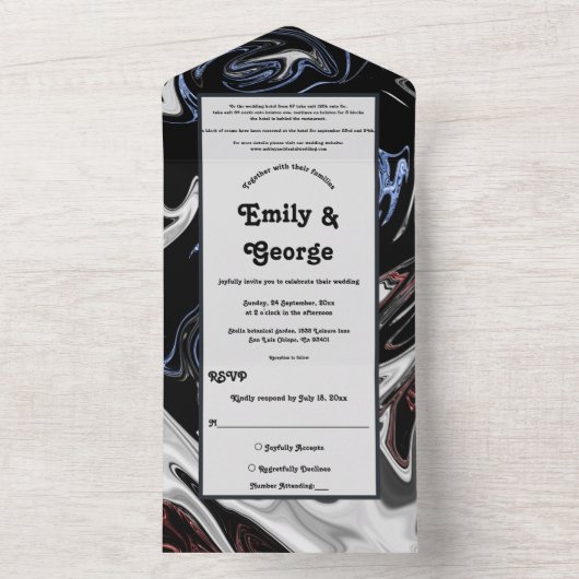 Elegant Minimal Black White Blue Abstract Wedding All In One Uitnodiging (Binnen)