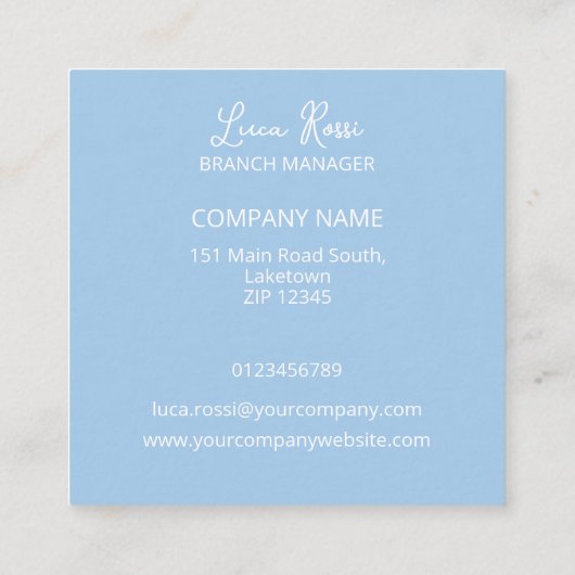 ELEGANT MINIMAL BLUE AND WHITE COMPANY LOGO CUSTOM VIERKANTE VISITEKAARTJE (Achterkant)